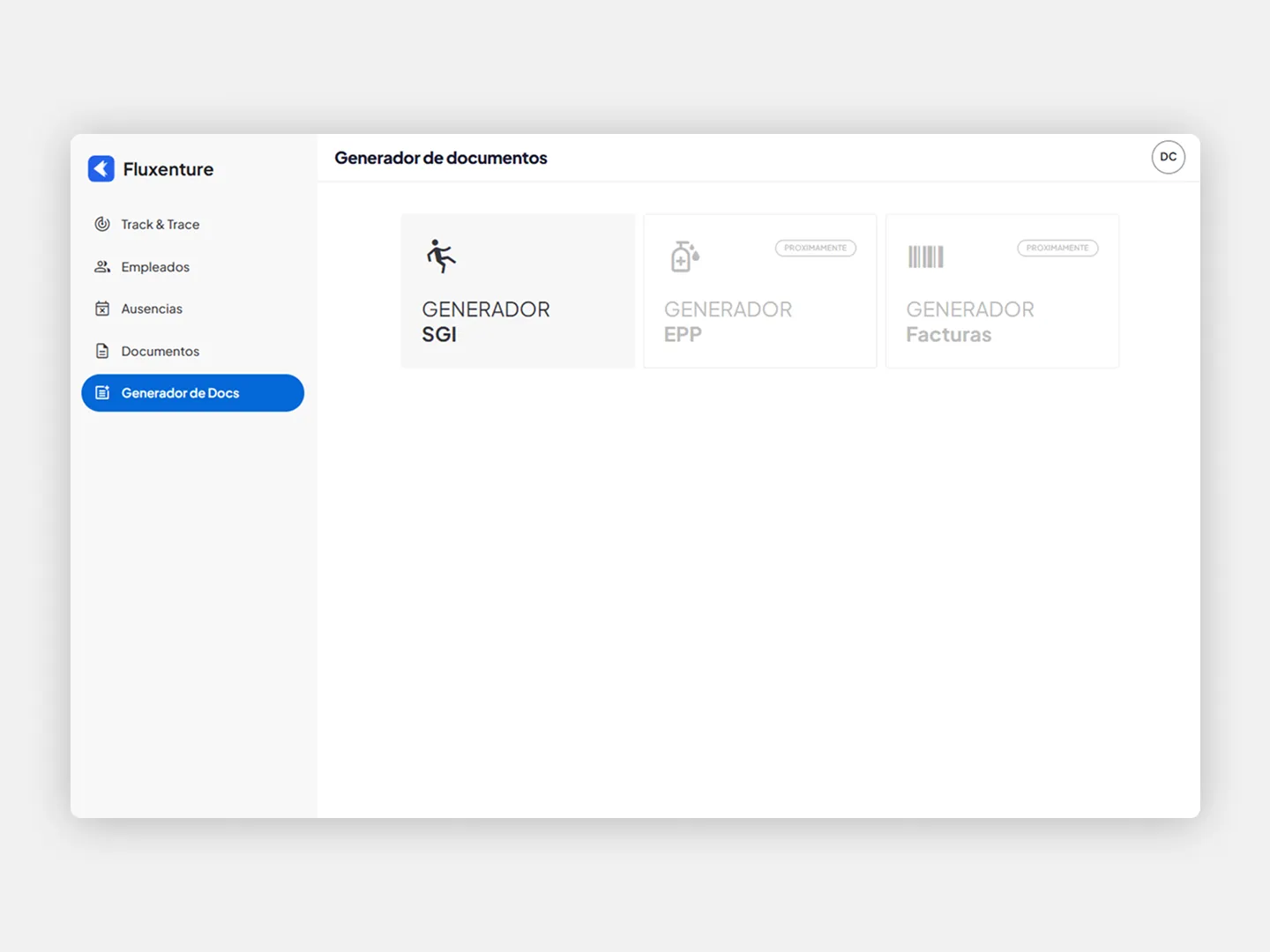 Pantalla del Generador de Docs con las tarjetas SGI, EPP y Facturas