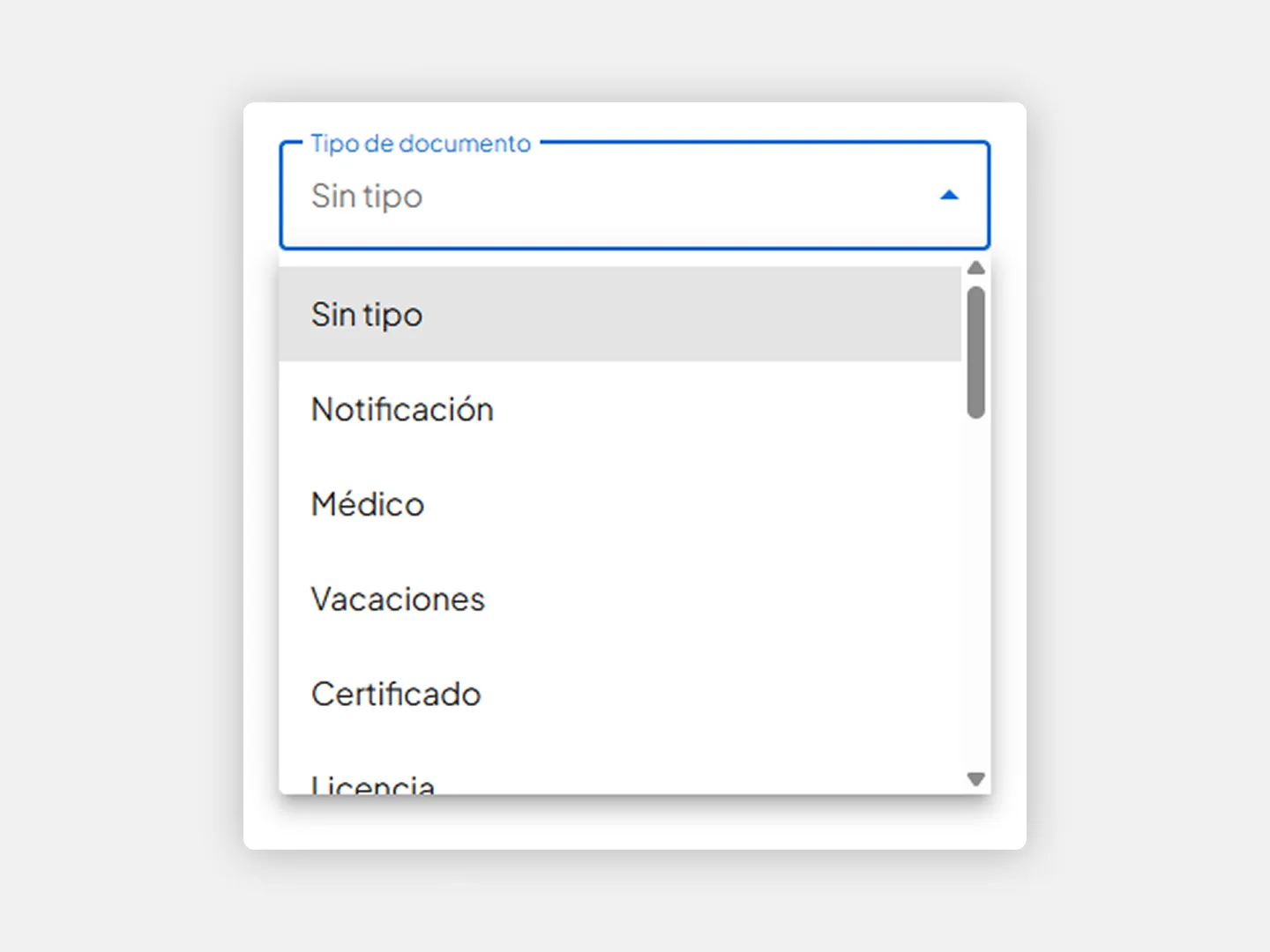 Ventana de Tipos de documento con la lista de tipos