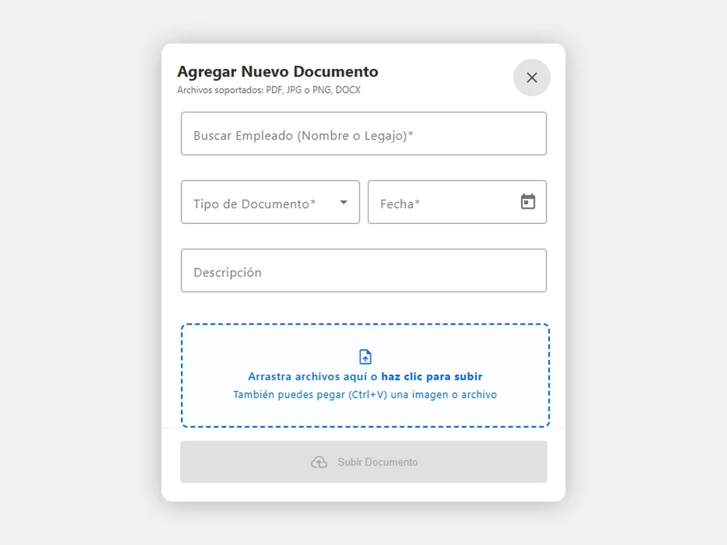 Ventana Agregar Nuevo Documento con los campos Empleado, Tipo de Documento, Fecha, Descripción y el recuadro para arrastrar archivos